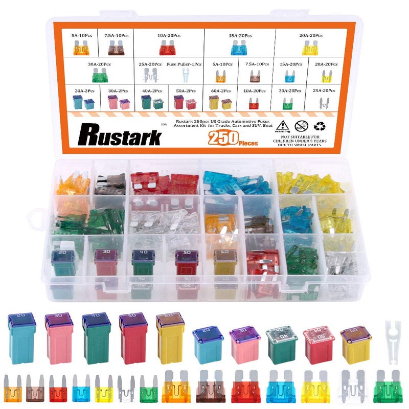 Rustark 250pcs US Grade Automotive Fuses Assortment Kit Standard & Mini Car Blade Fuses, Low and Tall/STD Profile Box Shaped Assorted Fuse for Trucks, Cars and SUV, Boat - Image 1